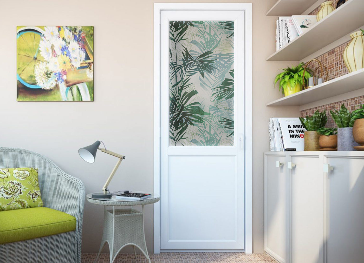 Tropical Leaves Window Vinyl for Privacy, Peel and Stick Jungle Botanical Print, Self-Adhesive Glass Covering for Office & Home Decor