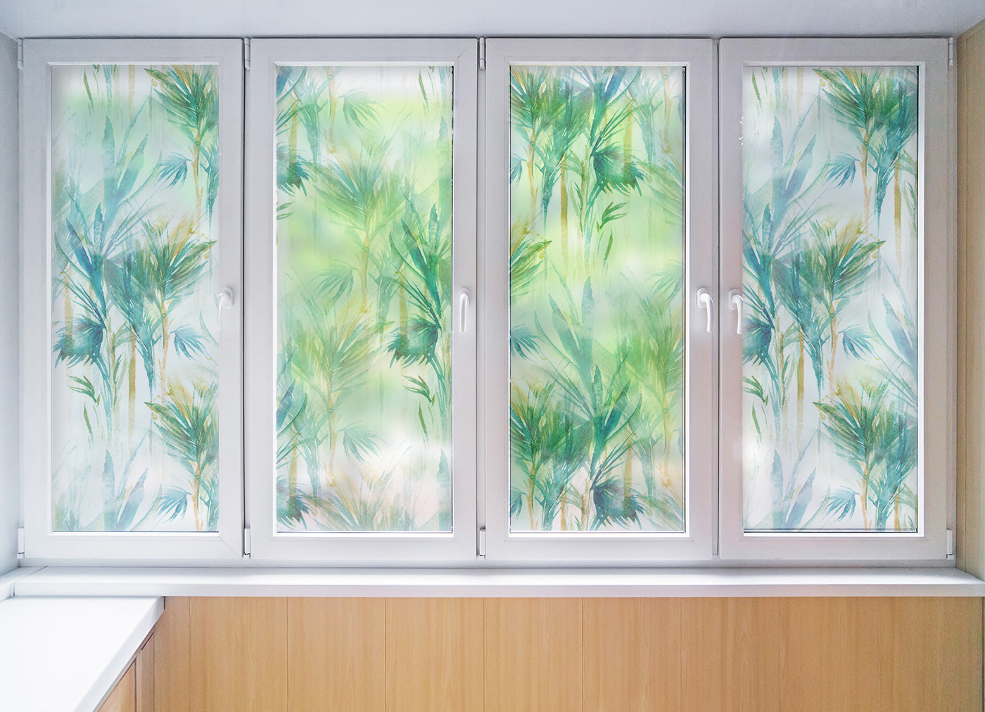 Self-Adhesive Frosted Window Film, Green Leaf Privacy Glass Sticker, Matte Decorative Window Covering for Home, Bathroom, Office