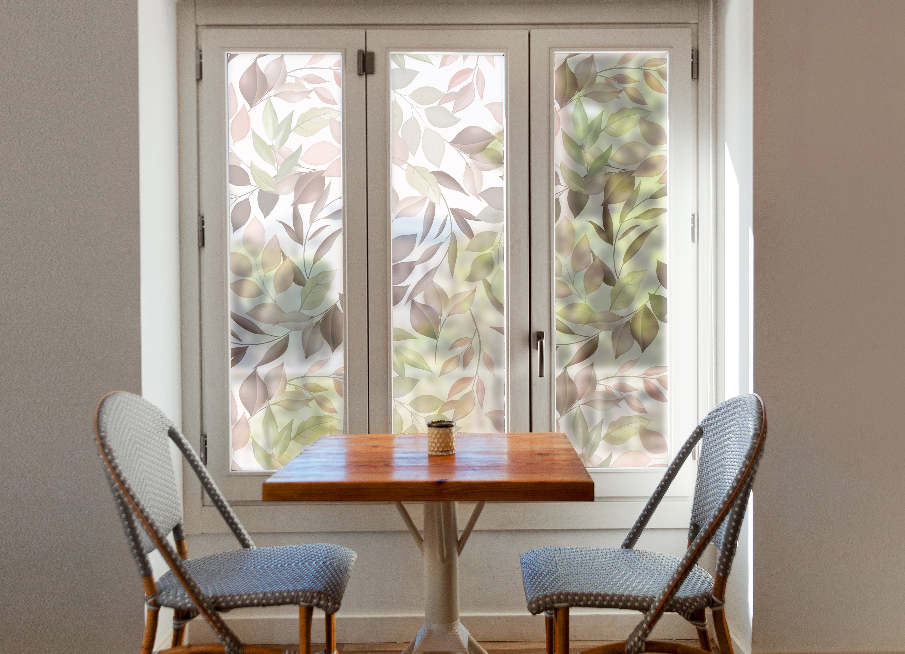 Matte film on glass and on mirrors with leaves, sticker on the window, for privacy