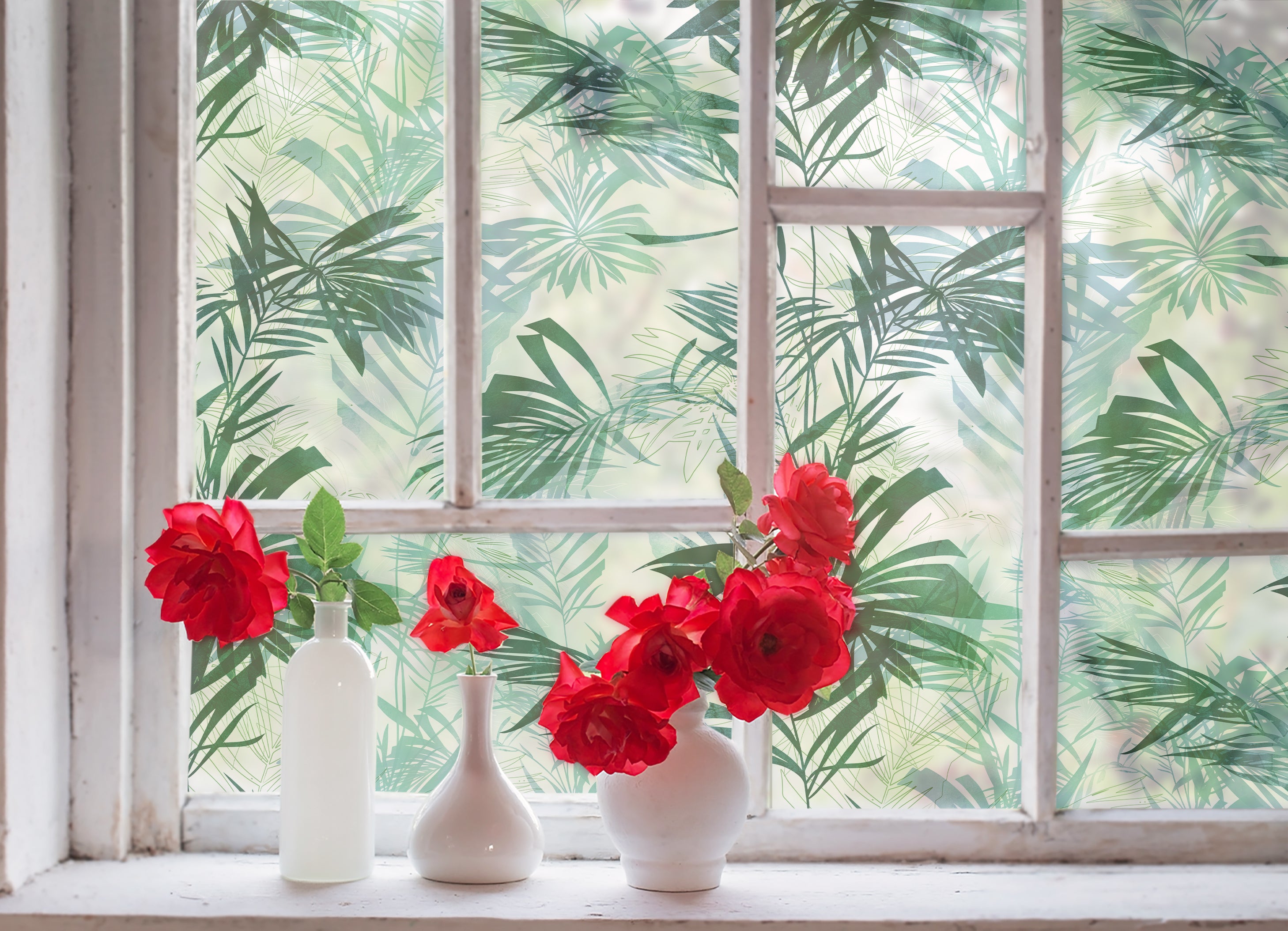 Tropical Leaves Window Vinyl for Privacy, Peel and Stick Jungle Botanical Print, Self-Adhesive Glass Covering for Office & Home Decor