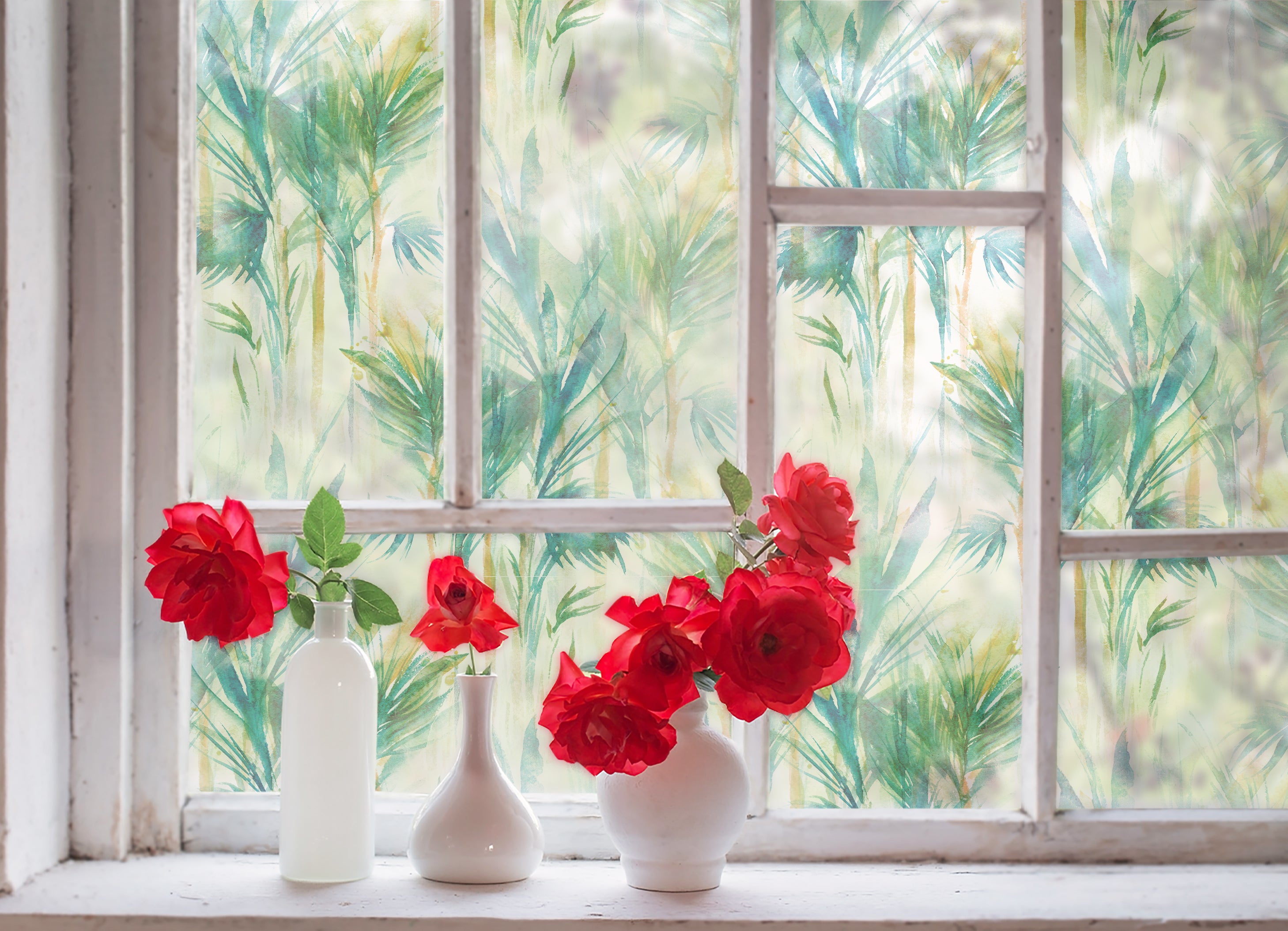 Self-Adhesive Frosted Window Film, Green Leaf Privacy Glass Sticker, Matte Decorative Window Covering for Home, Bathroom, Office