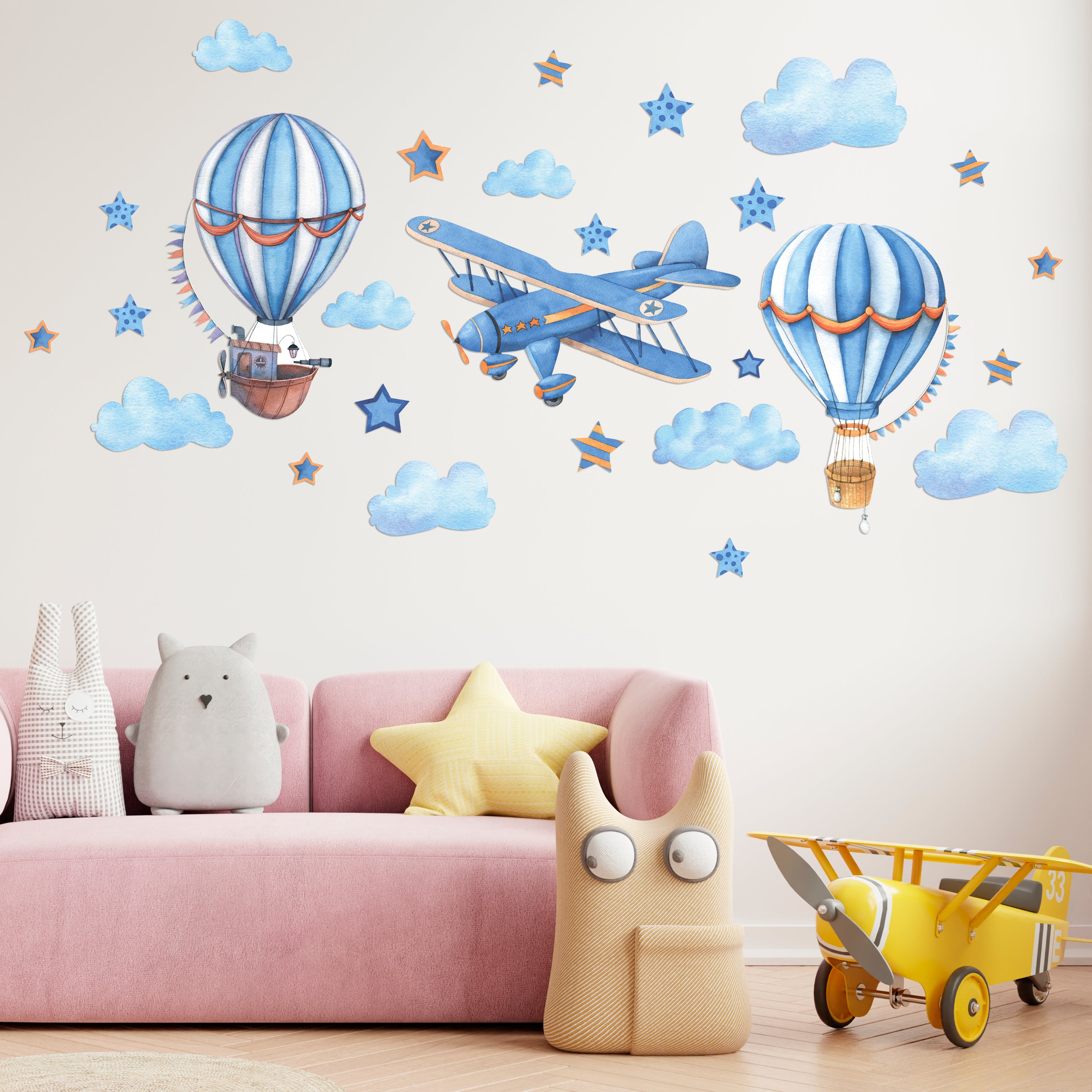 Airship Decal Nursery Wall Stickers, Airplane Sticker for Kids Room Decor, Vinyl Wall Decal for Baby Boy Nursery Decor Blue, Balloon