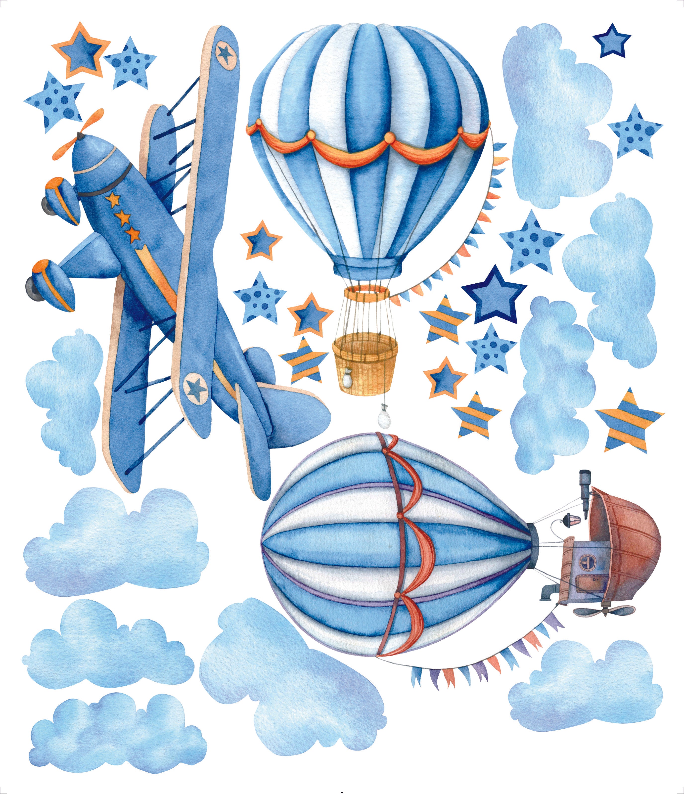Airship Decal Nursery Wall Stickers, Airplane Sticker for Kids Room Decor, Vinyl Wall Decal for Baby Boy Nursery Decor Blue, Balloon